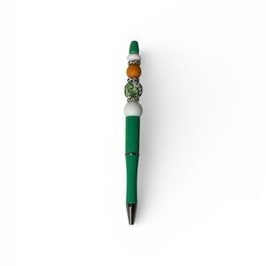 Handmade Beaded Pen – Green & White with Floral Accent